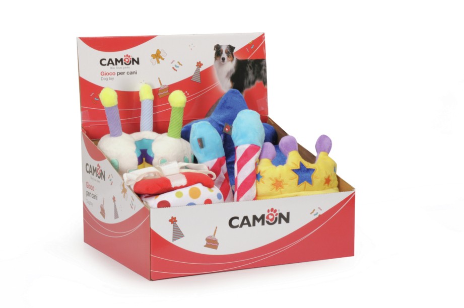 Gioco per cani Camon Happy Birthday assortito 1 pz con squeaker in tessuto colorato Gioco per cani Camon Happy Birthday assortito 1 pz con squeaker in tessuto colorato